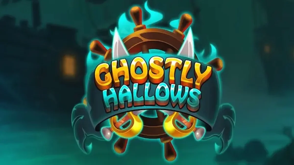 Tampilan visual slot Ghostly Hallows dengan tema kapal bajak laut hantu dan meriam.